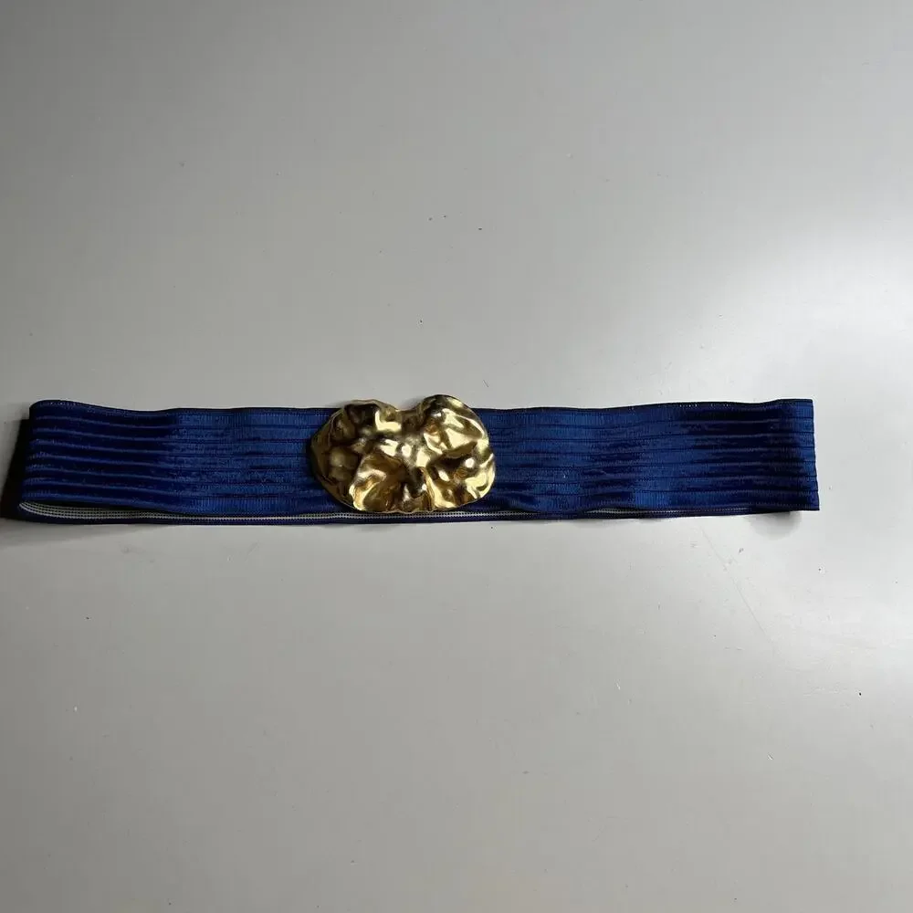 Vintage Charmant Waist Belt‎ Womens L Blue Elastic Wide Gold Tone Buckle Cinch
